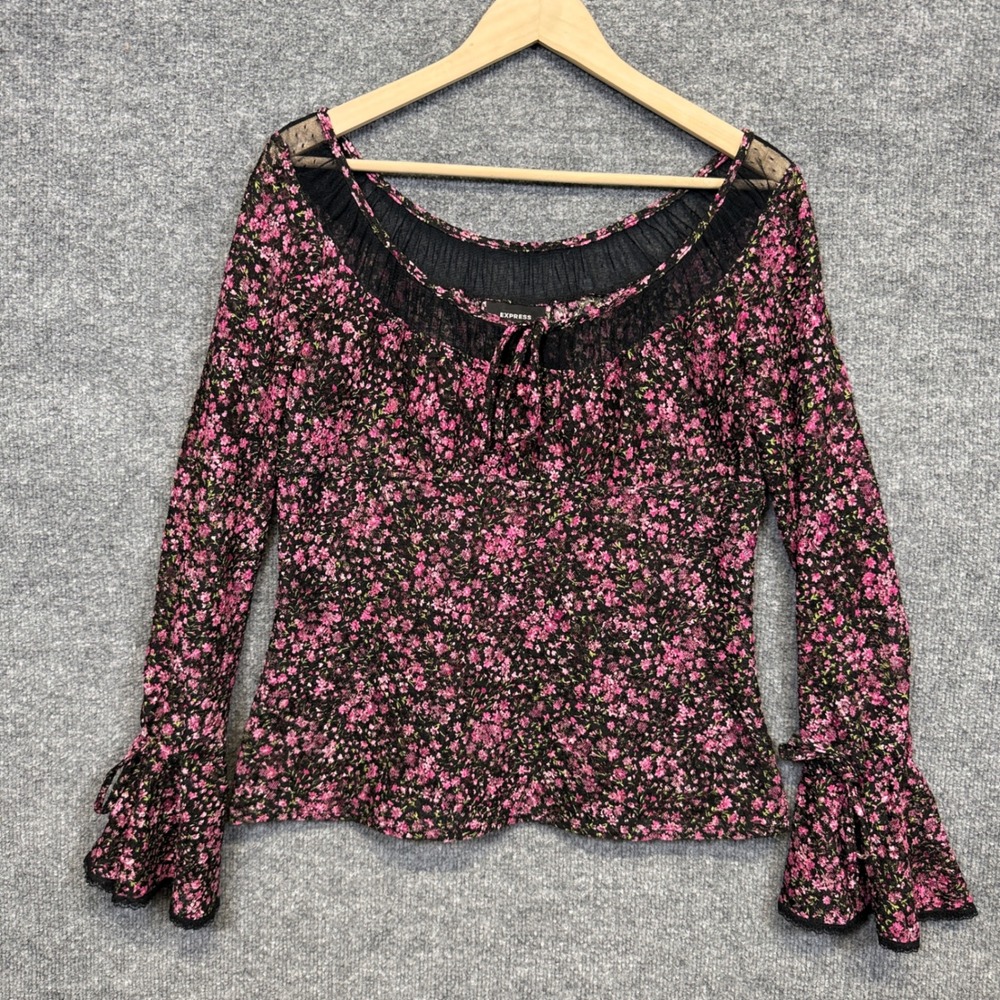 Y2K Express Large Babydoll Top Floral Lace Semi Sheer Bell Sleeves Dark Fairy